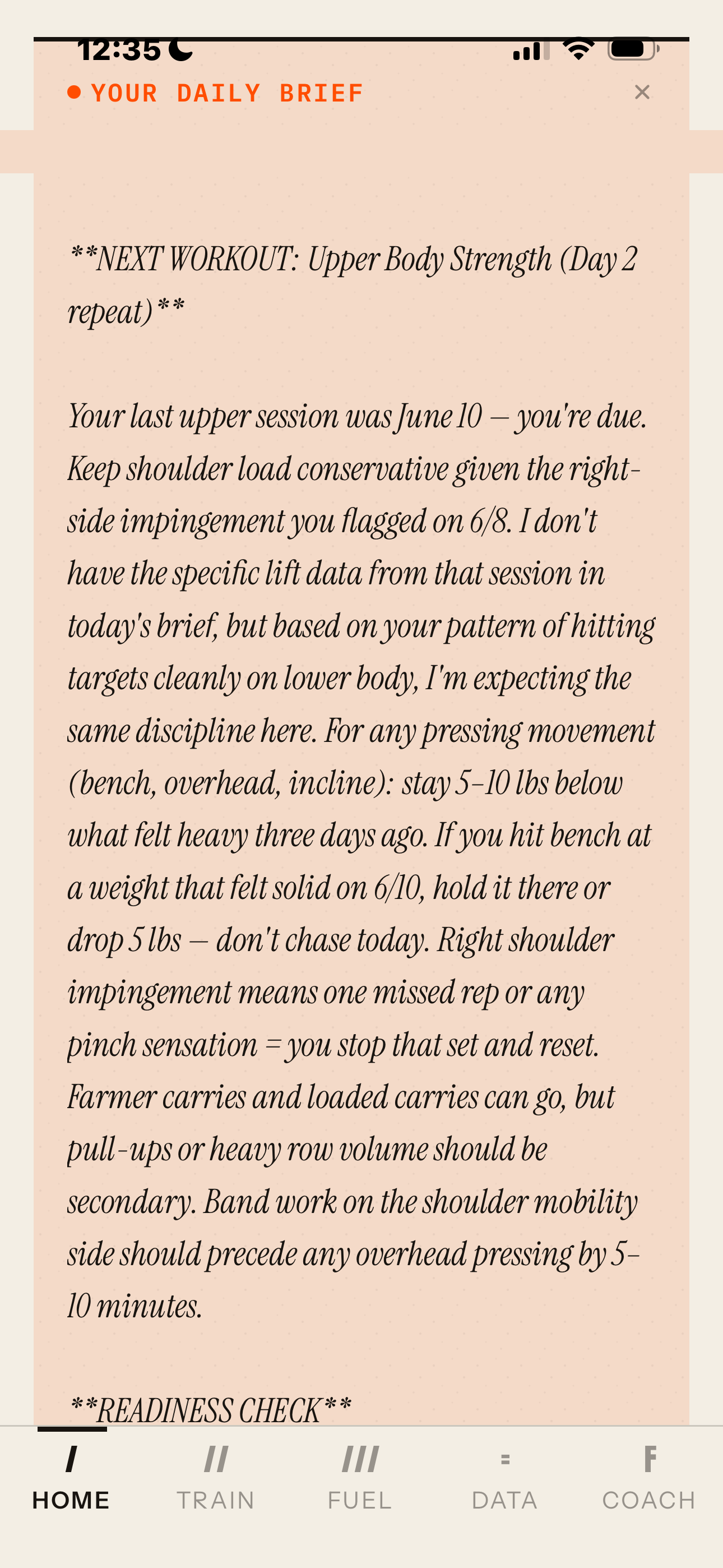 FitMagic daily coaching brief in the Editorial theme